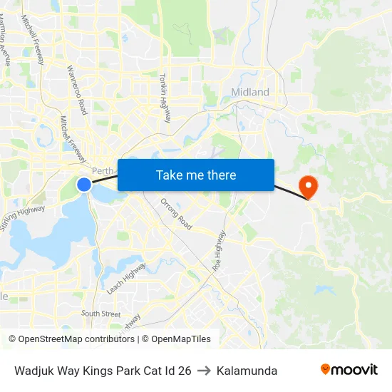 Wadjuk Way Kings Park Cat Id 26 to Kalamunda map