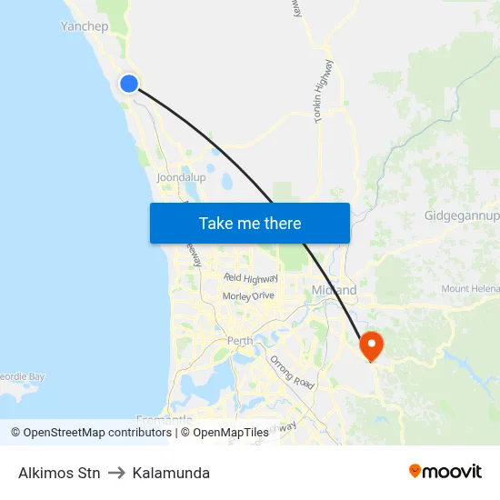 Alkimos Stn to Kalamunda map