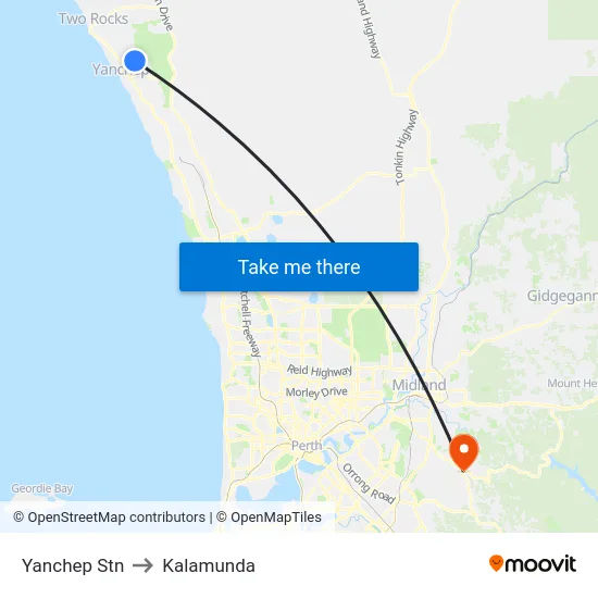 Yanchep Stn to Kalamunda map