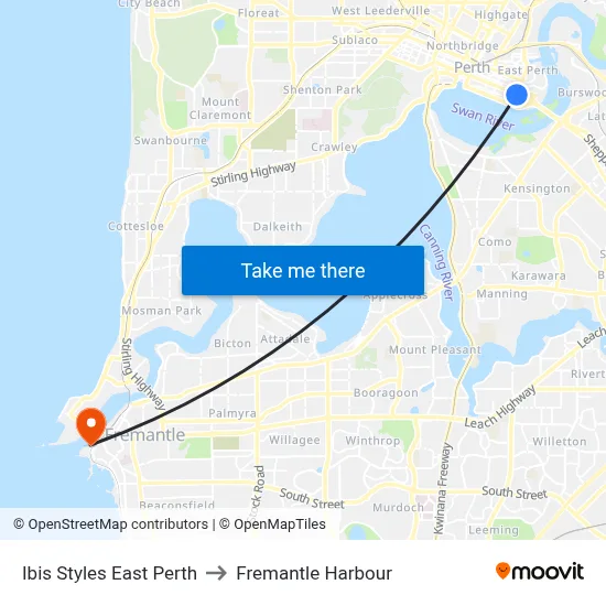 Ibis Styles East Perth to Fremantle Harbour map