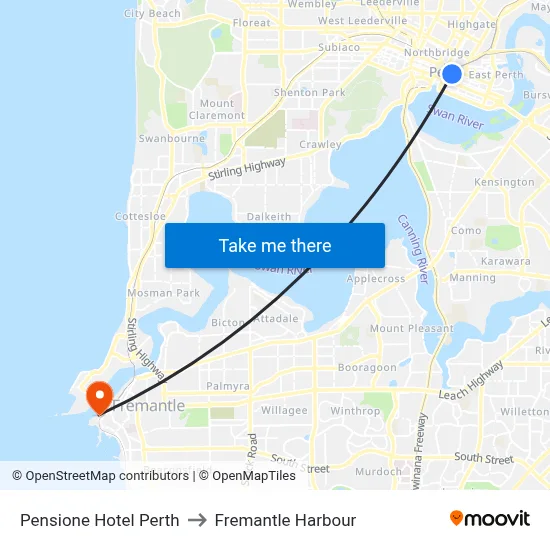 Pensione Hotel Perth to Fremantle Harbour map