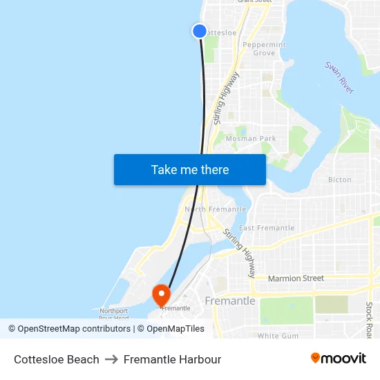 Cottesloe Beach to Fremantle Harbour map