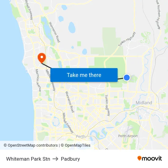 Whiteman Park Stn to Padbury map