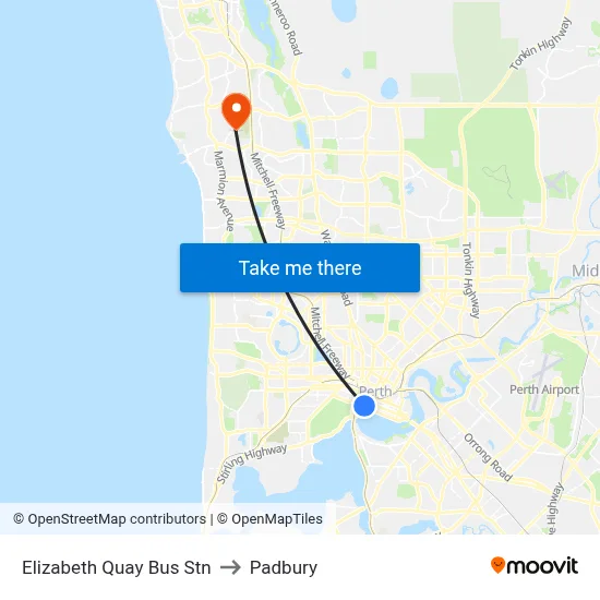 Elizabeth Quay Bus Stn to Padbury map