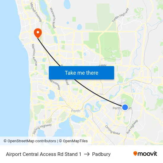 Airport Central Access Rd Stand 1 to Padbury map