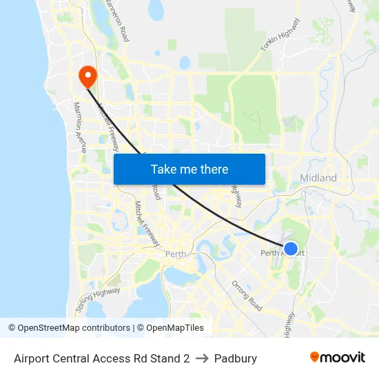 Airport Central Access Rd Stand 2 to Padbury map