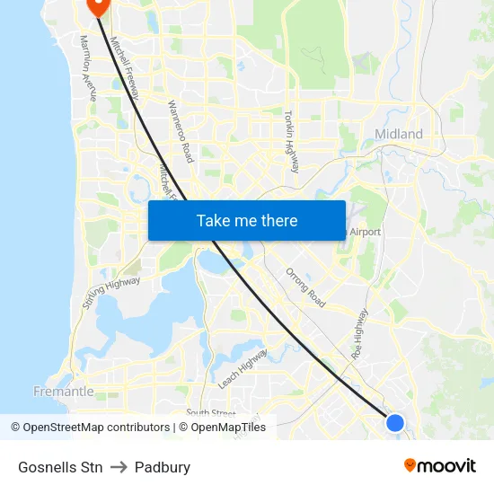 Gosnells Stn to Padbury map
