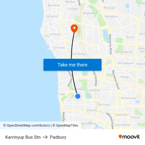 Karrinyup Bus Stn to Padbury map