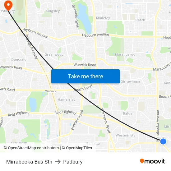 Mirrabooka Bus Stn to Padbury map