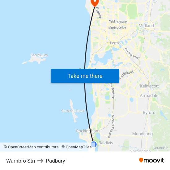 Warnbro Stn to Padbury map