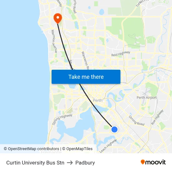 Curtin University Bus Stn to Padbury map