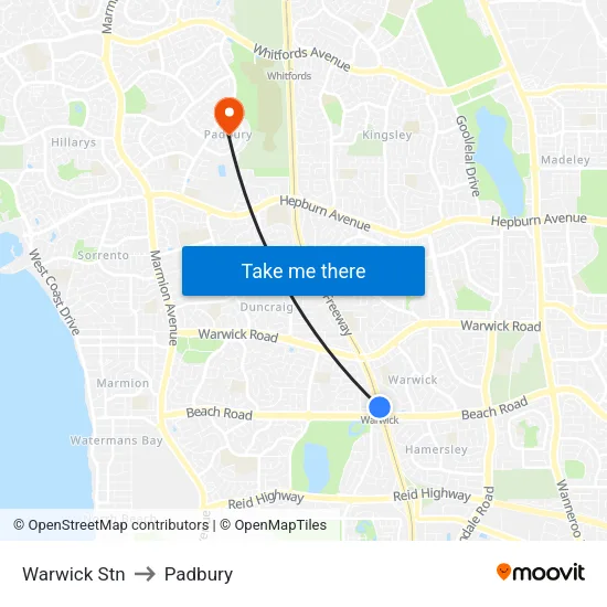 Warwick Stn to Padbury map
