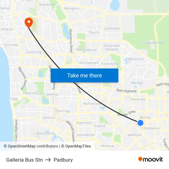 Galleria Bus Stn to Padbury map