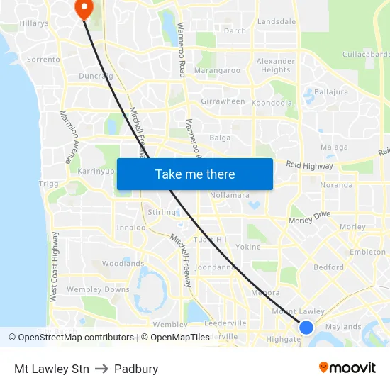 Mt Lawley Stn to Padbury map