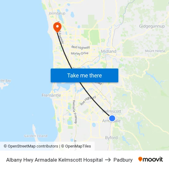 Albany Hwy Armadale Kelmscott Hospital to Padbury map
