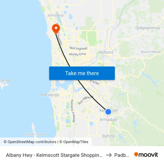 Albany Hwy - Kelmscott Stargate Shopping Ctr to Padbury map