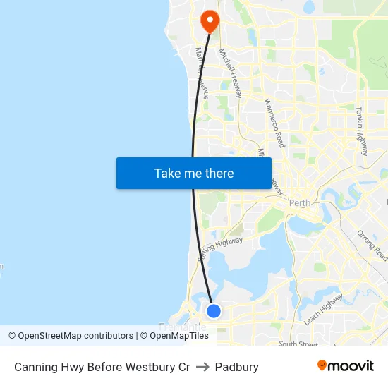 Canning Hwy Before Westbury Cr to Padbury map