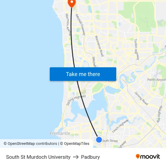 South St Murdoch University to Padbury map