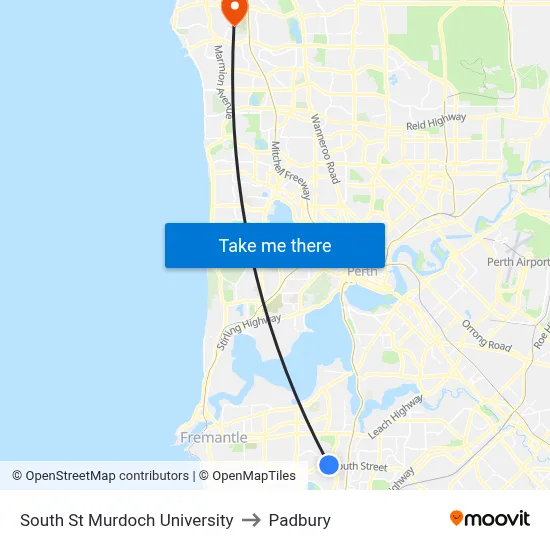 South St Murdoch University to Padbury map