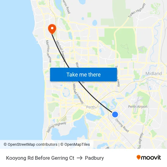 Kooyong Rd Before Gerring Ct to Padbury map