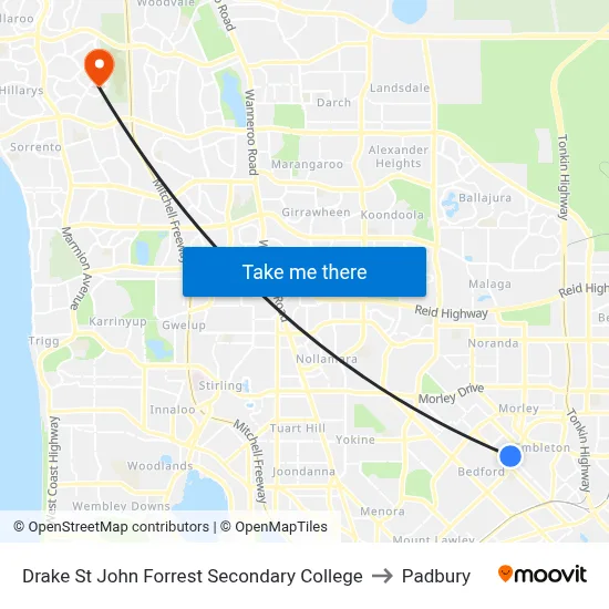 Drake St John Forrest Secondary College to Padbury map
