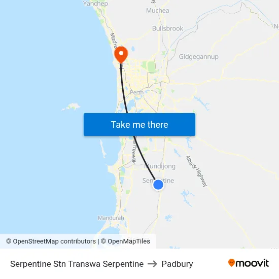 Serpentine Stn Transwa Serpentine to Padbury map