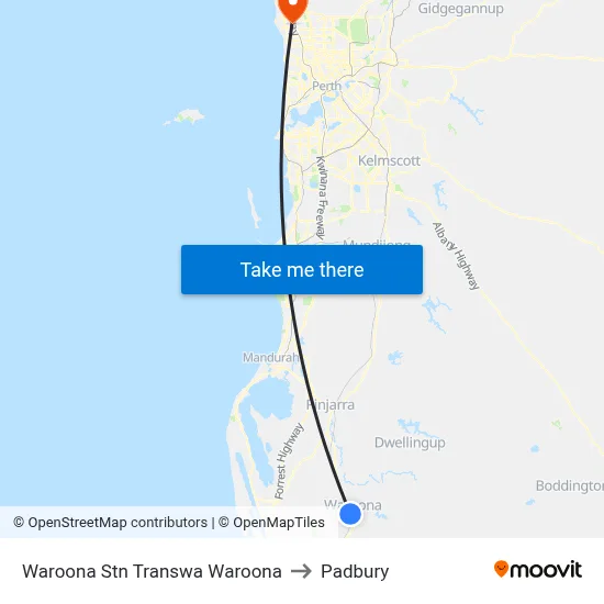 Waroona Stn Transwa Waroona to Padbury map