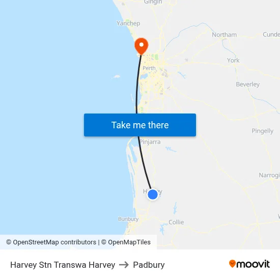 Harvey Stn Transwa Harvey to Padbury map