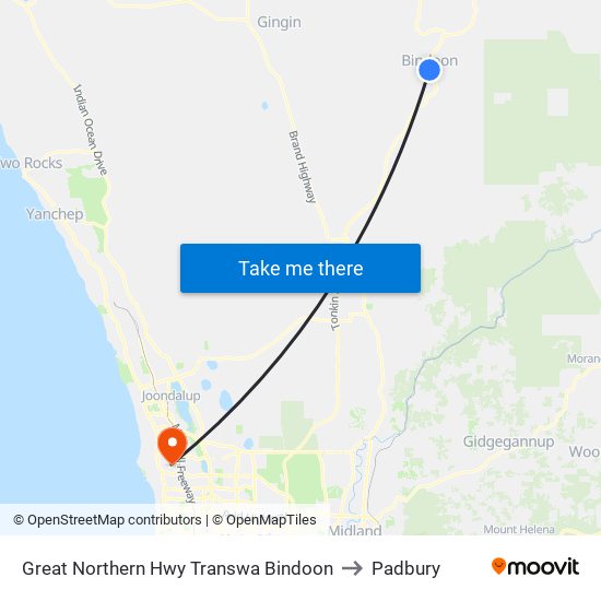 Great Northern Hwy Transwa Bindoon to Padbury map