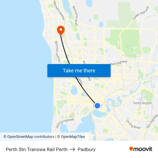 Perth Stn Transwa Rail Perth to Padbury map