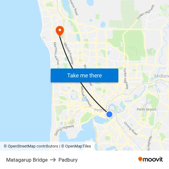 Matagarup Bridge to Padbury map