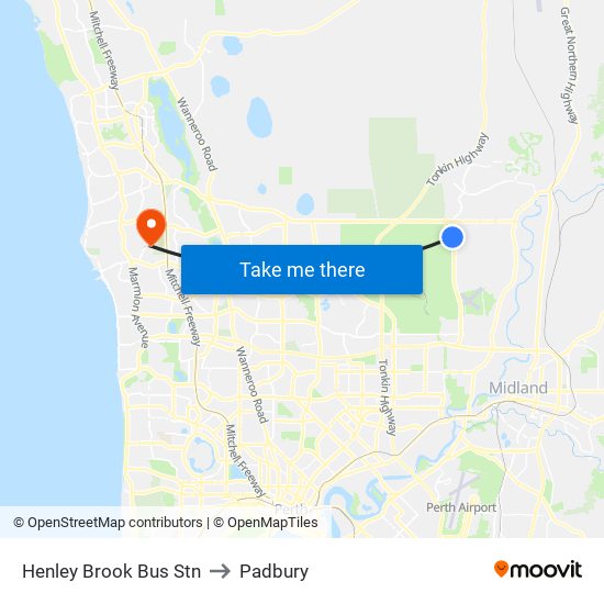 Henley Brook Bus Stn to Padbury map