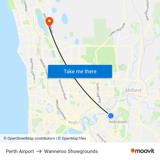 Perth Airport to Wanneroo Showgrounds map