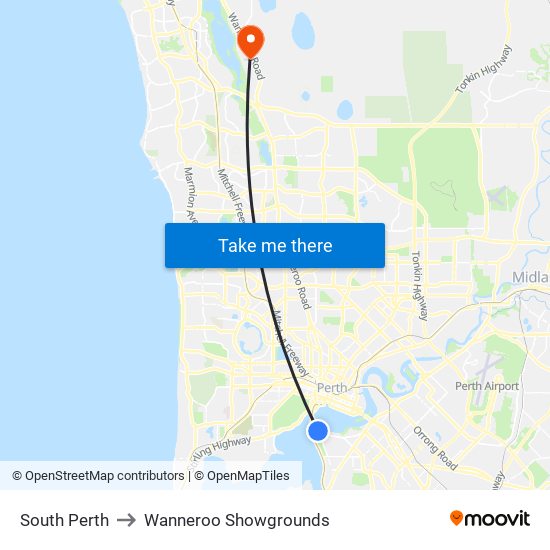 South Perth to Wanneroo Showgrounds map