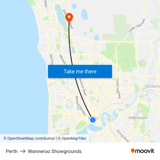 Perth to Wanneroo Showgrounds map