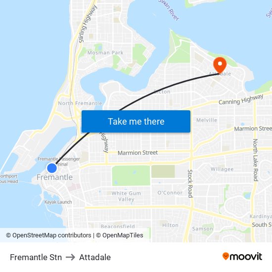 Fremantle Stn to Attadale map