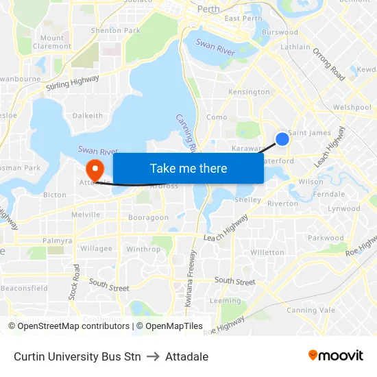 Curtin University Bus Stn to Attadale map
