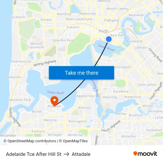 Adelaide Tce After Hill St to Attadale map
