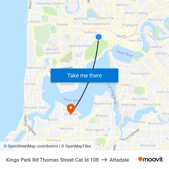 Kings Park Rd Thomas Street Cat Id 108 to Attadale map