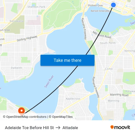 Adelaide Tce Before Hill St to Attadale map