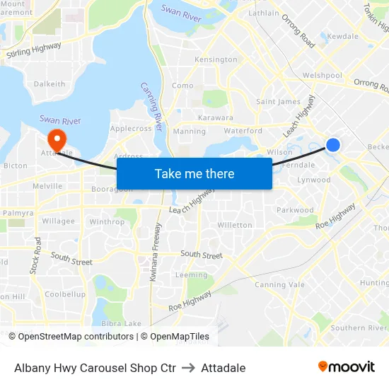 Albany Hwy Carousel Shop Ctr to Attadale map