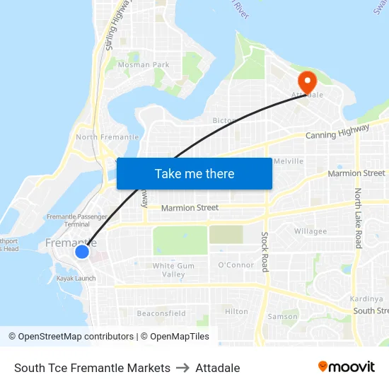 South Tce Fremantle Markets to Attadale map