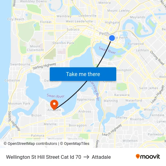 Wellington St Hill Street Cat Id 70 to Attadale map