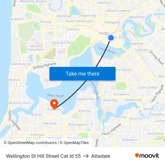 Wellington St Hill Street Cat Id 55 to Attadale map