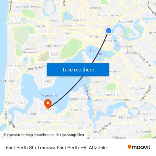 East Perth Stn Transwa East Perth to Attadale map