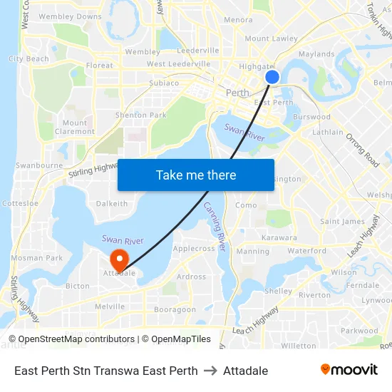 East Perth Stn Transwa East Perth to Attadale map