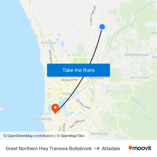 Great Northern Hwy Transwa Bullsbrook to Attadale map