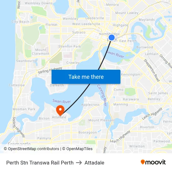 Perth Stn Transwa Rail Perth to Attadale map