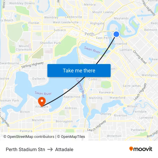 Perth Stadium Stn to Attadale map
