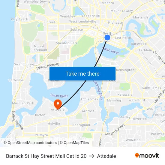 Barrack St Hay Street Mall Cat Id 20 to Attadale map